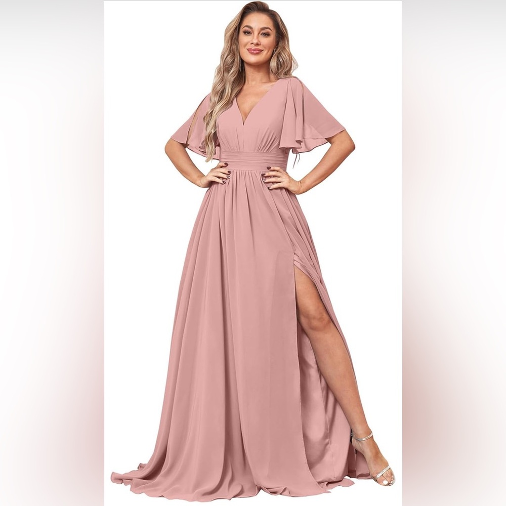 Dusty Rose Long Bridesmaid Dress, flowy short sleeves (NEW, never worn)